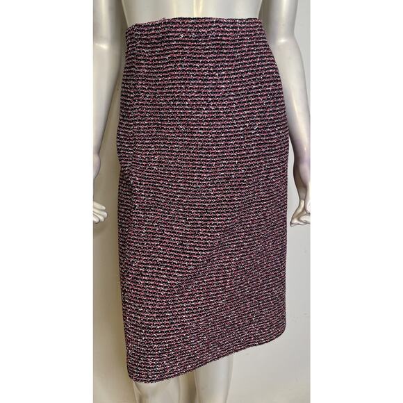 St John Black Pink Multi Tweed Knit Skirt 6 Pencil Stripe Elastic Waist